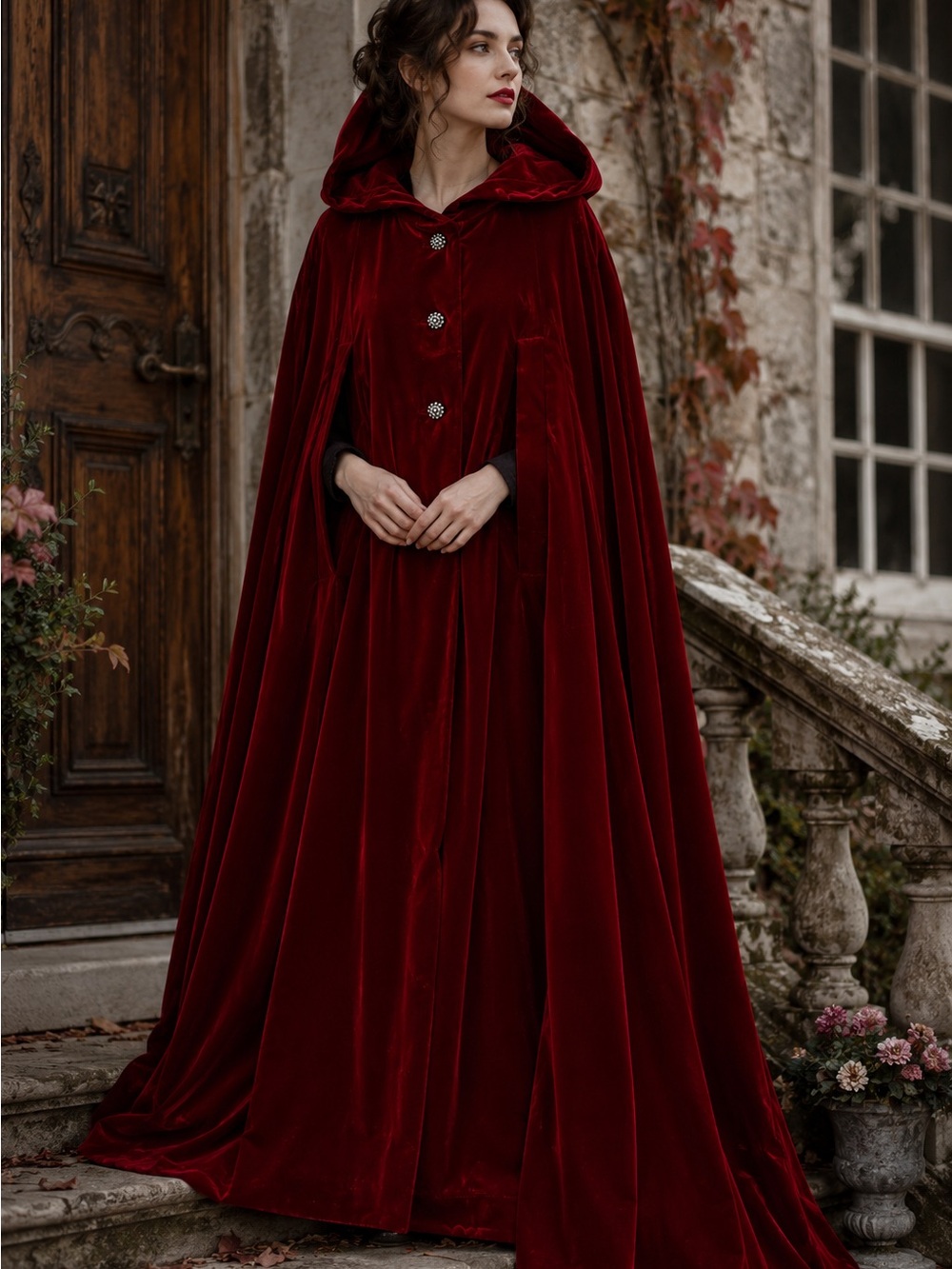 Vintage Deep Red Velvet Hooded Cape Cloak Satin Lined